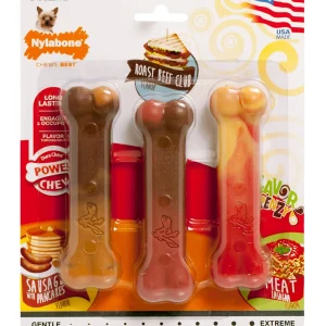 Nylabone Flavor Frenzy Power Dog Chew Triple Pack Pancakes Sausage, Roast Beef Club, Lasagna, X-Small/Petite up to 15 lb 3 ct