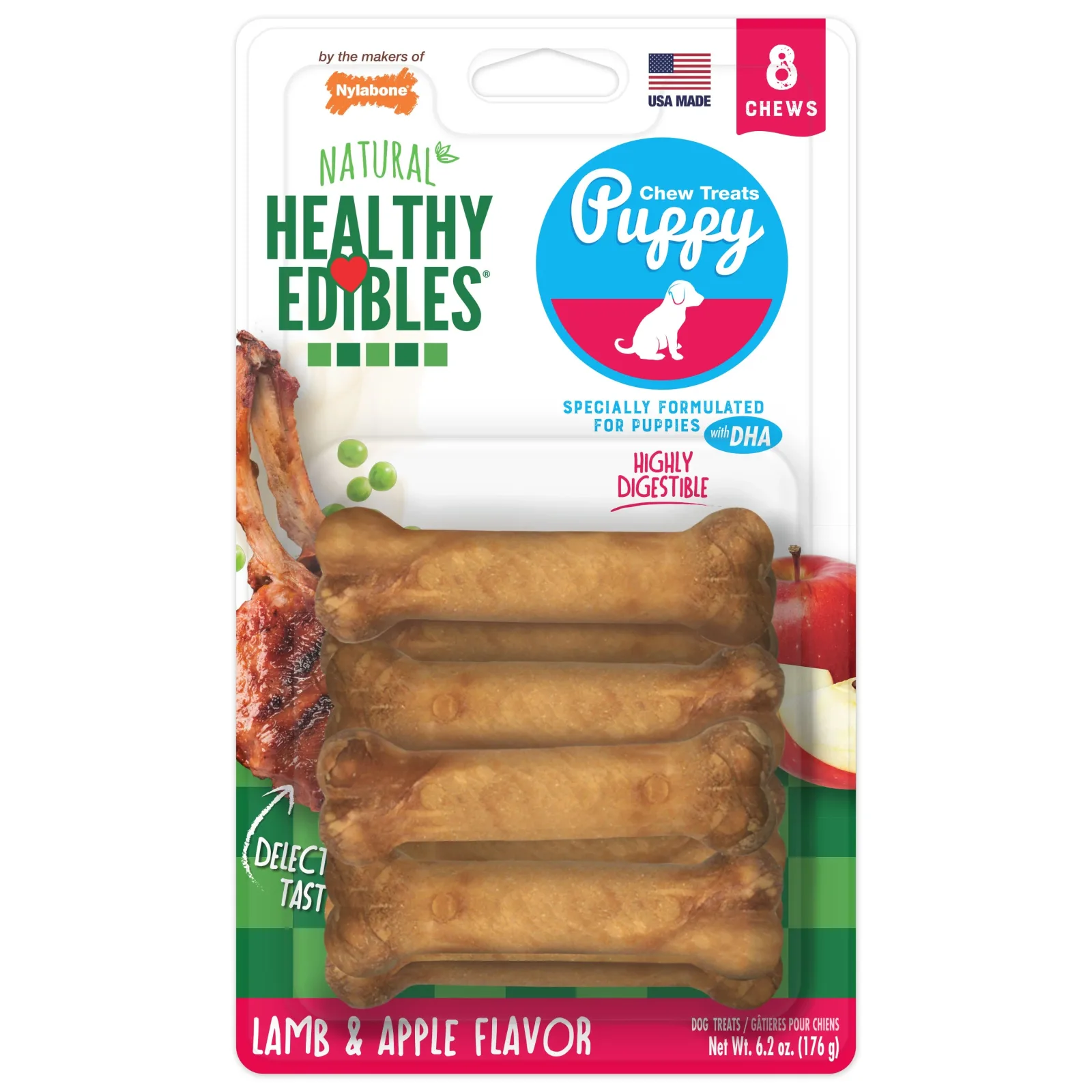 Nylabone Healthy Edibles All-Natural Long-Lasting Puppy Dog Chew Treats Lamb Apple, X-Small/Petite up to 15 lb 8 ct