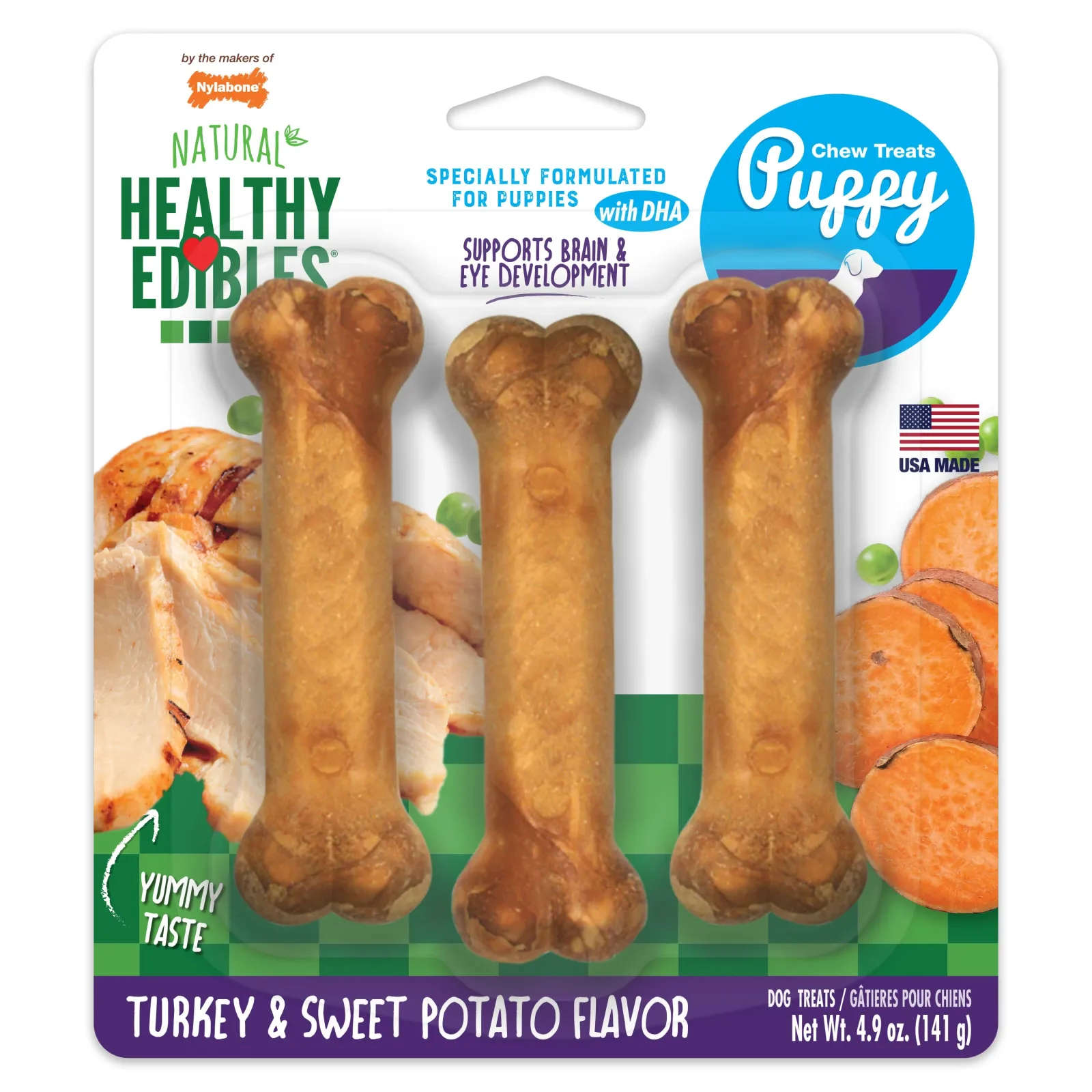 Nylabone Healthy Edibles All-Natural Long-Lasting Puppy Dog Chew Treats Turkey Sweet Potato, Small/Regular up to 25 lb. 3 ct