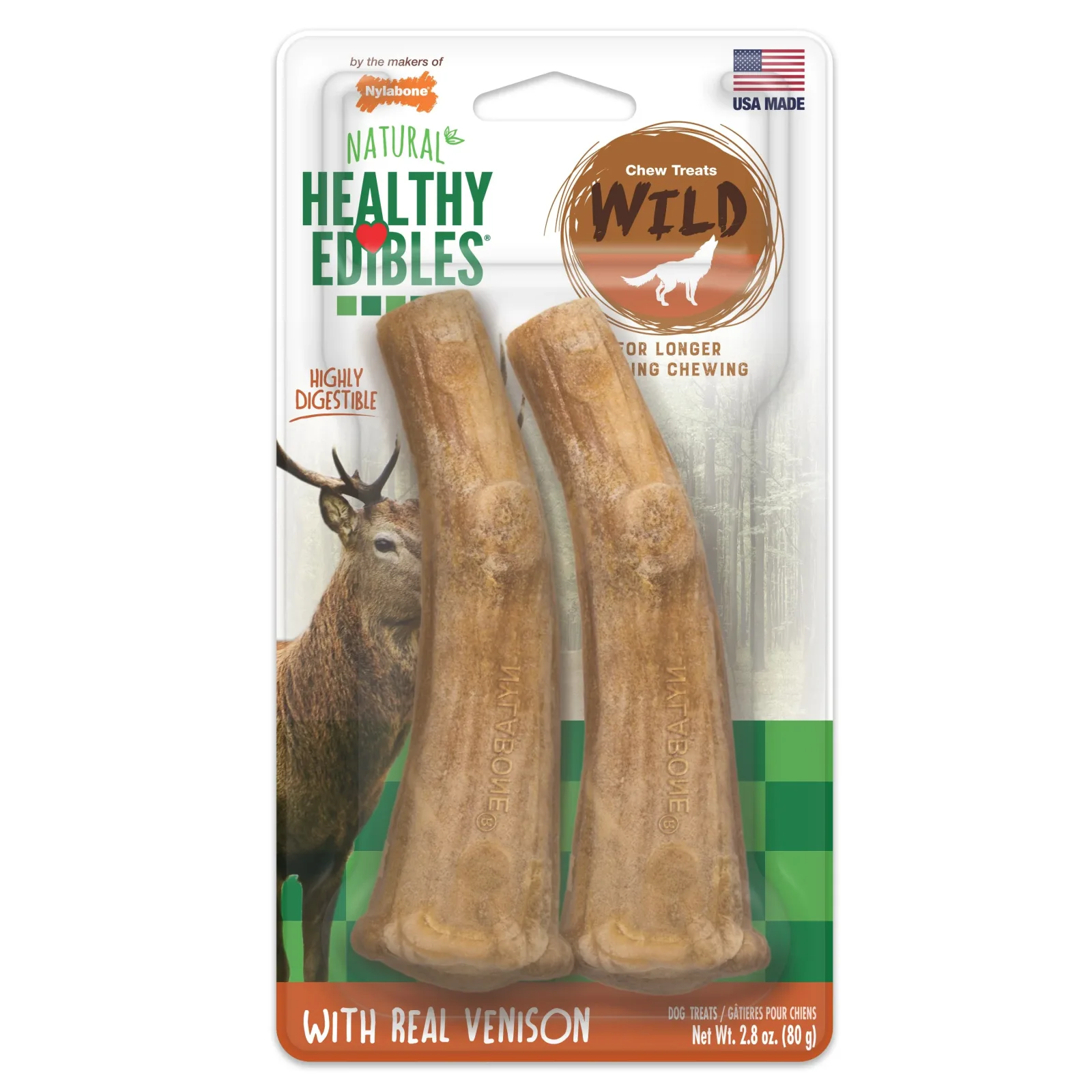 Nylabone Healthy Edibles WILD All-Natural Long-Lasting Antler Dog Chew Treats Venison, Large/Giant up to 50 lb. 2 ct