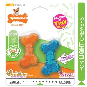 Nylabone Moderate Dog Chew FlexiChew Bone Peanut Butter Bacon, Orange Blue, XX-Small/Tiny up to 8 lb. 2 ct