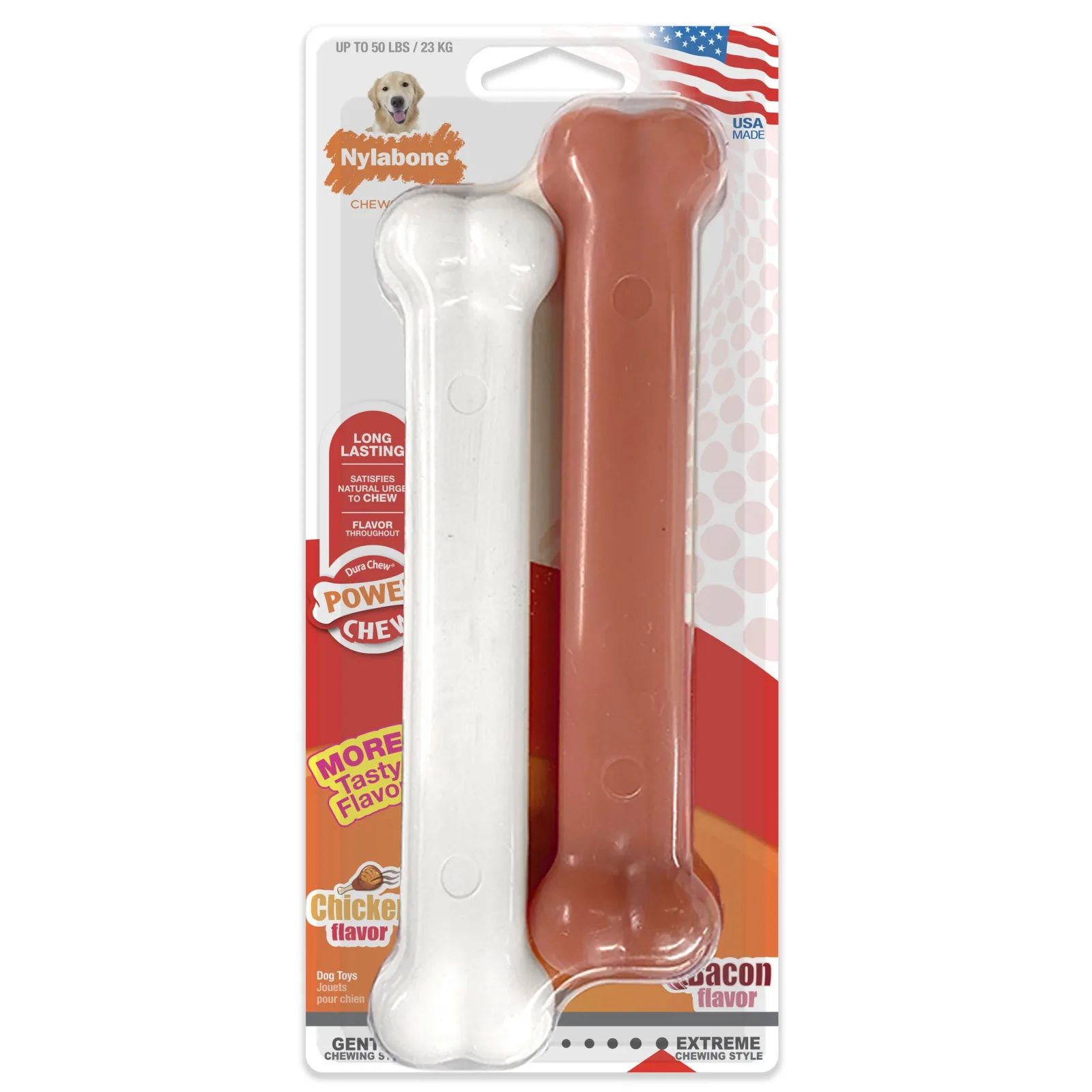 Nylabone Power Chew Bacon Chicken Durable Dog Chew Toy Pack Chicken Bacon, Large/Giant up to 50 lb 2 ct