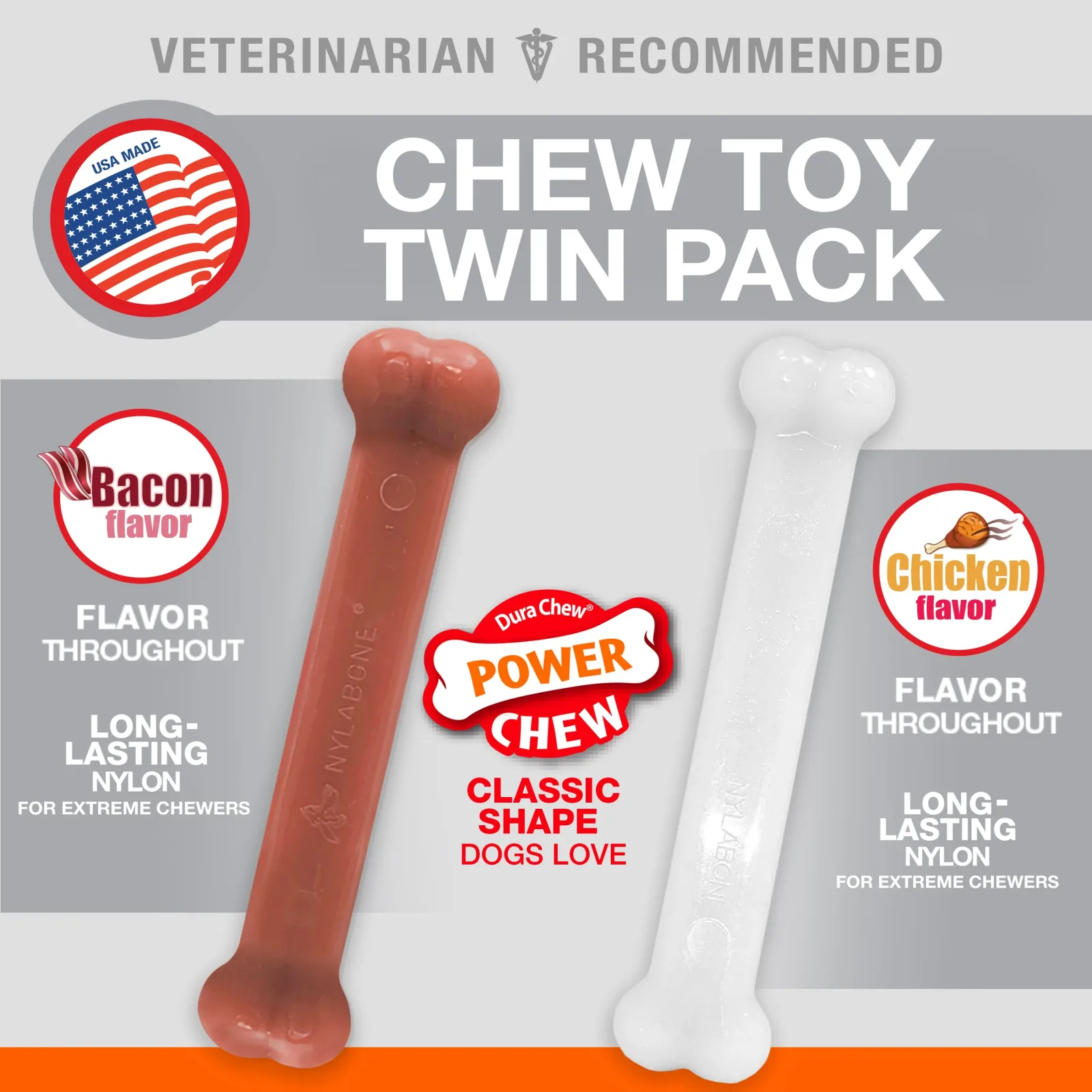 Nylabone Power Chew Bacon Chicken Durable Dog Chew Toy Pack Chicken Bacon, Large/Giant up to 50 lb 2 ct - Image 2