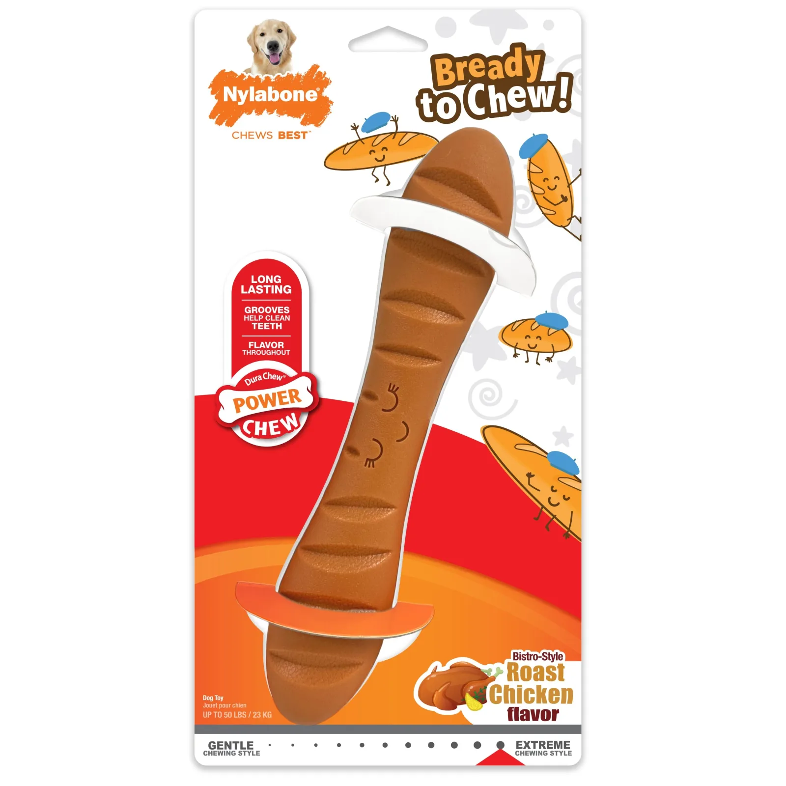Nylabone Power Chew Baguette Dog Toy Roast Chicken, Large/Giant up to 50 lb. 1 ct