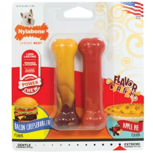 Nylabone Power Chew Flavor Frenzy Durable Dog Chew Toys Twin Pack Bacon Cheeseburger Apple Pie, Small/Regular up to 25 lb. 2 ct