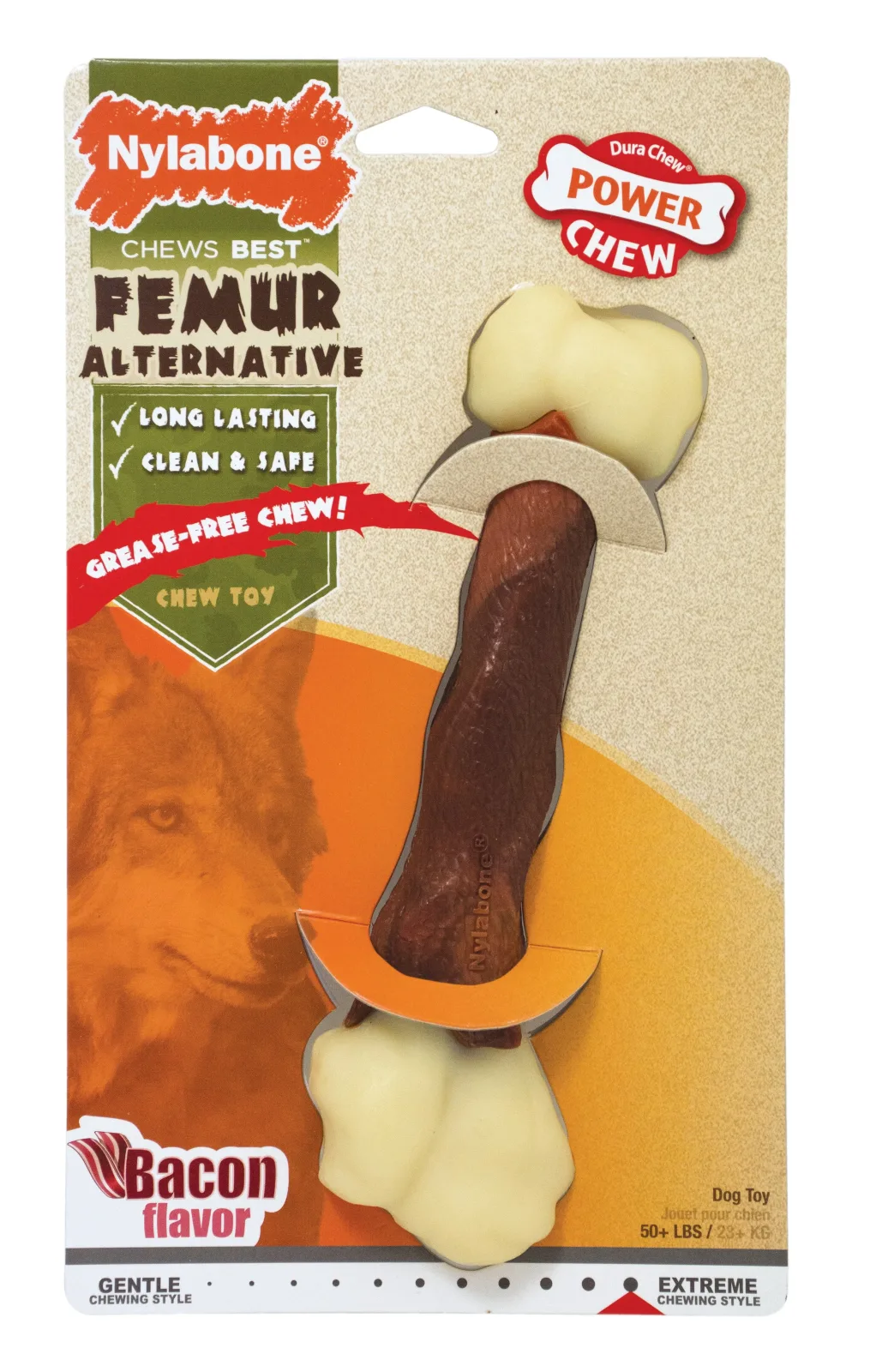 Nylabone Power Dog Chew Femur Dog Bone Alternative Bacon Large/Giant, up to 50 lb