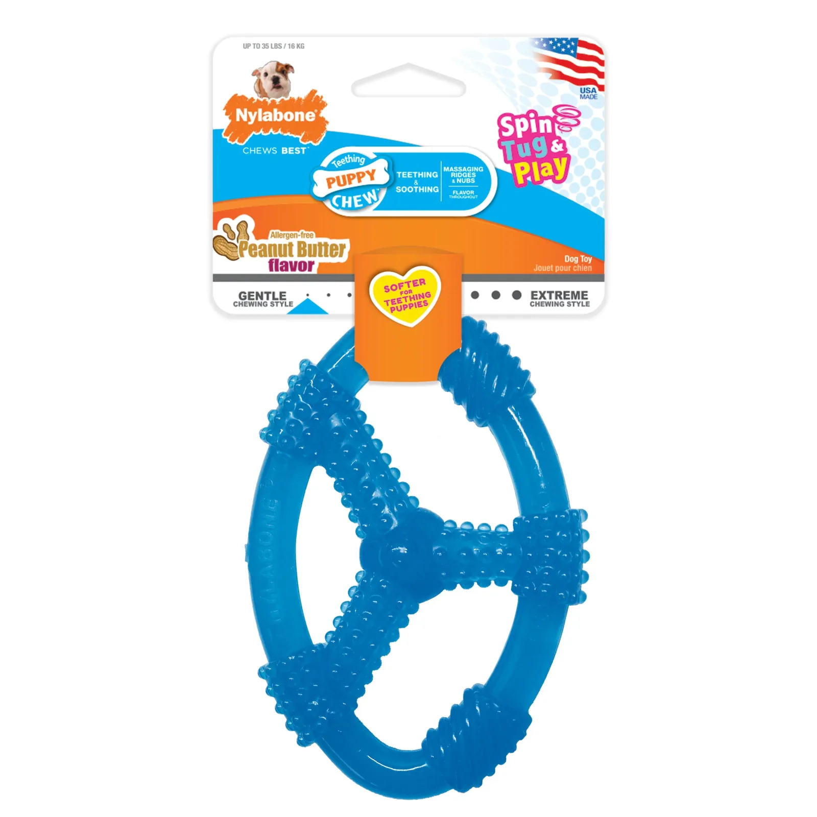 Nylabone Puppy Chew Spin Tug Play Dog Toy Peanut Butter, Blue, Medium/Wolf up to 35 lb. 1 ct