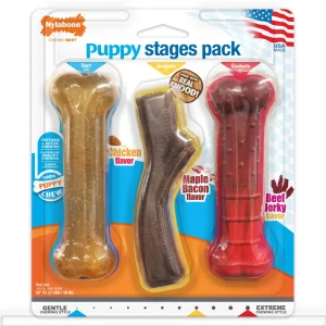 Nylabone Puppy Dog Chew Stages Triple Pack Chewy Toys Chicken, Bacon, Beef Jerky, Medium/Wolf up to 35 lb. 3 ct