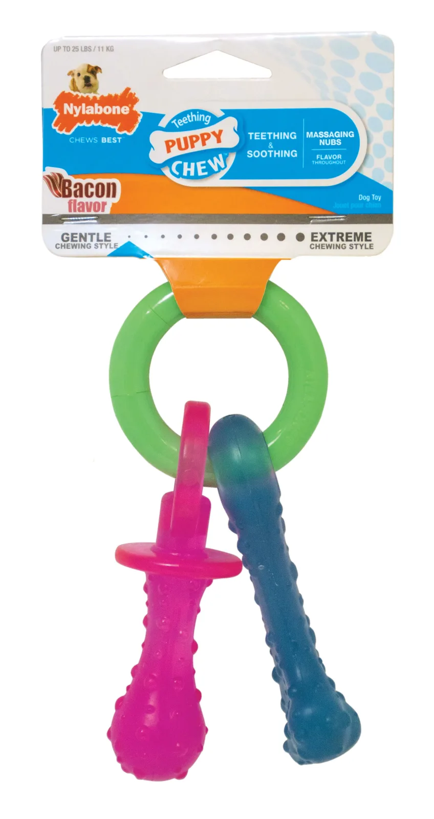 Nylabone Puppy Pacifier Teething Dog Toy Bacon, Small/Regular up to 25 lb. 1 ct