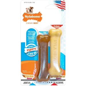 Nylabone Puppy Teething Peanut Butter and Chicken Flavoured Chew and Power Chew Bone Toy for Dog (Brown/Beige) | For Aggressive Chewers