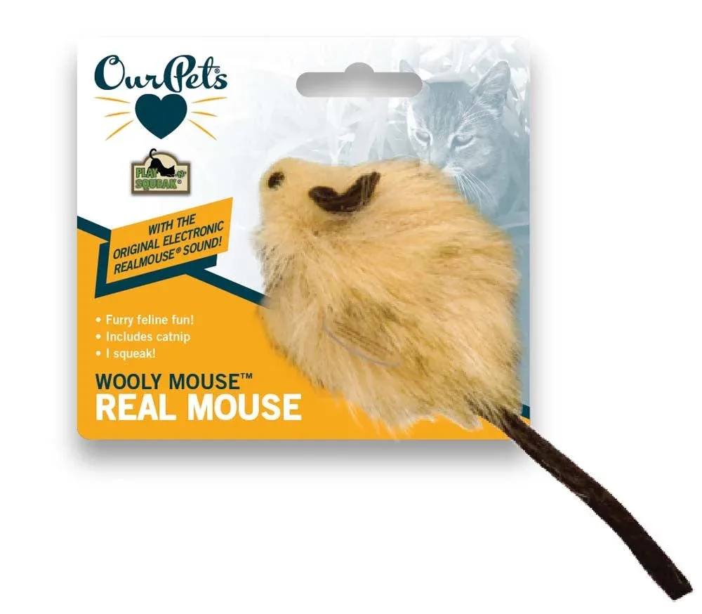 OurPets Wooly Mouse Squeaking Long-haired Mouse Cat Toy with Catnip Inside Brown