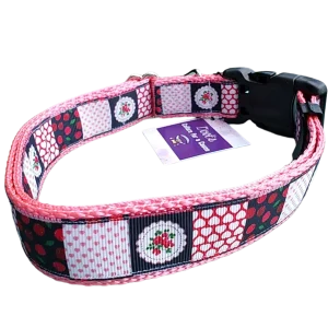 Patchwork Cherries Pink Nylon Dog Collar MD, LG, XL, Leash