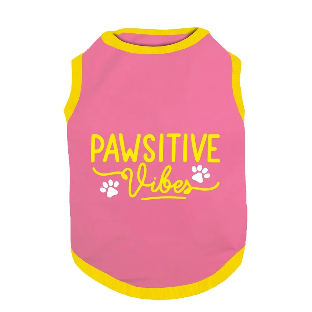 PawsIndia Pawsitive Vibes Printed with Ribbed Sleeves TShirt for Cats (Pink)