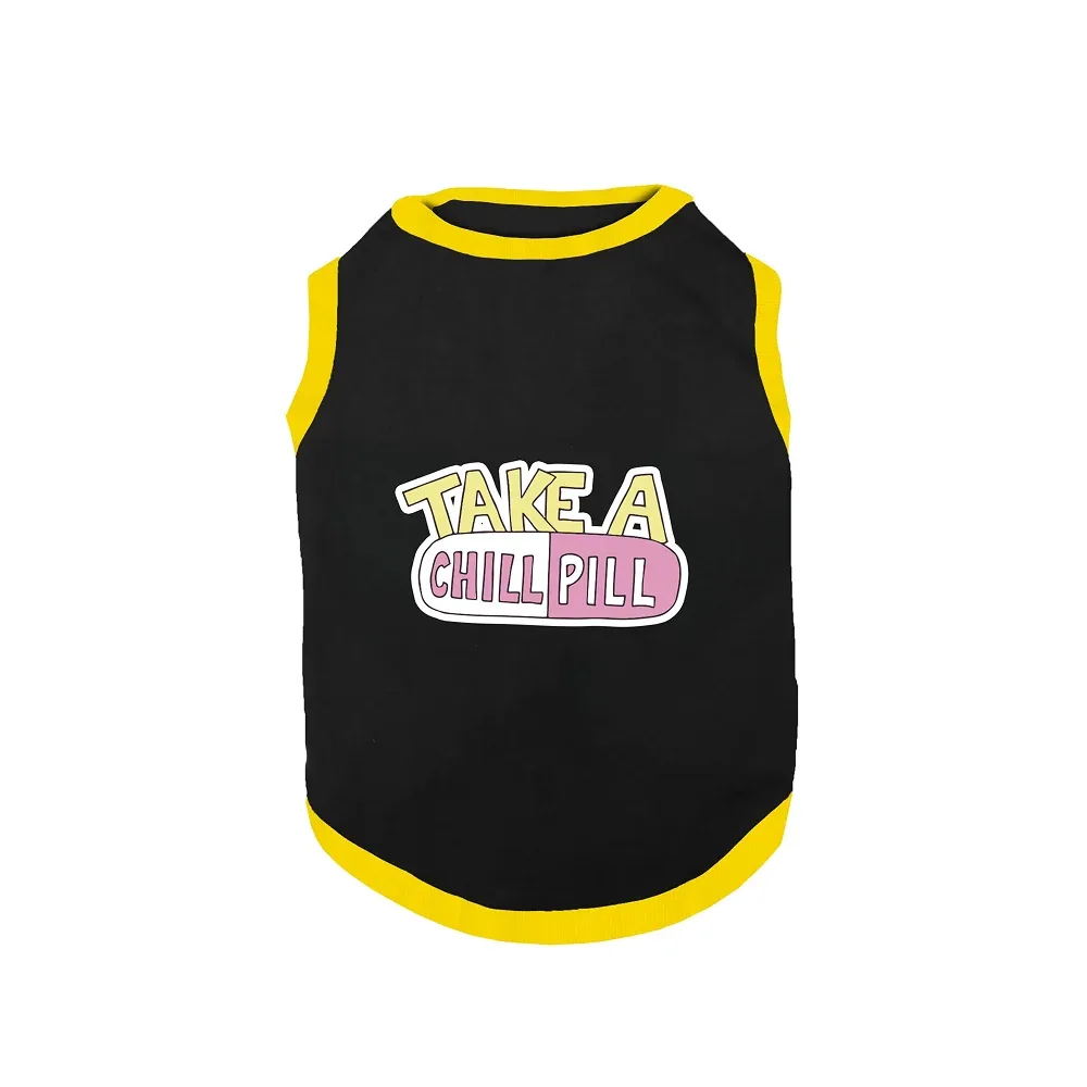 PawsIndia Take A Chill Pill Printed with Ribbed Sleeves TShirt for Cats (Black)