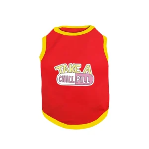PawsIndia Take A Chill Pill Printed with Ribbed Sleeves TShirt for Cats (Red)
