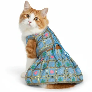 Pawsindia Traditional Desi Diva Lehenga Choli Set for Cats (Sky Blue)