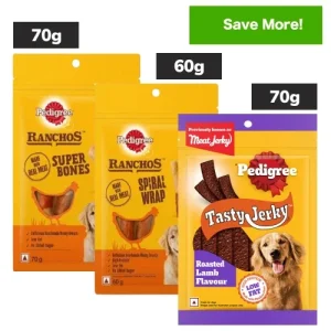 Pedigree Ranchos Super Bones Chicken & Milk, Spiral Wrap Chicken & Smokey Lamb and Roasted Lamb Tasty Jerky Dog Treats Combo