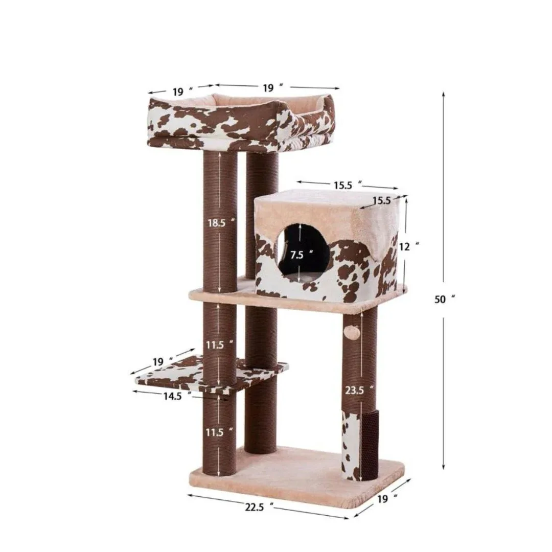 PetPals Cowboy Cat Tree Brown Cow Print 50 in, X-Large - Image 2