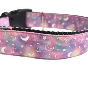 Pink Galaxy Moon and Stars Nylon Dog Collar