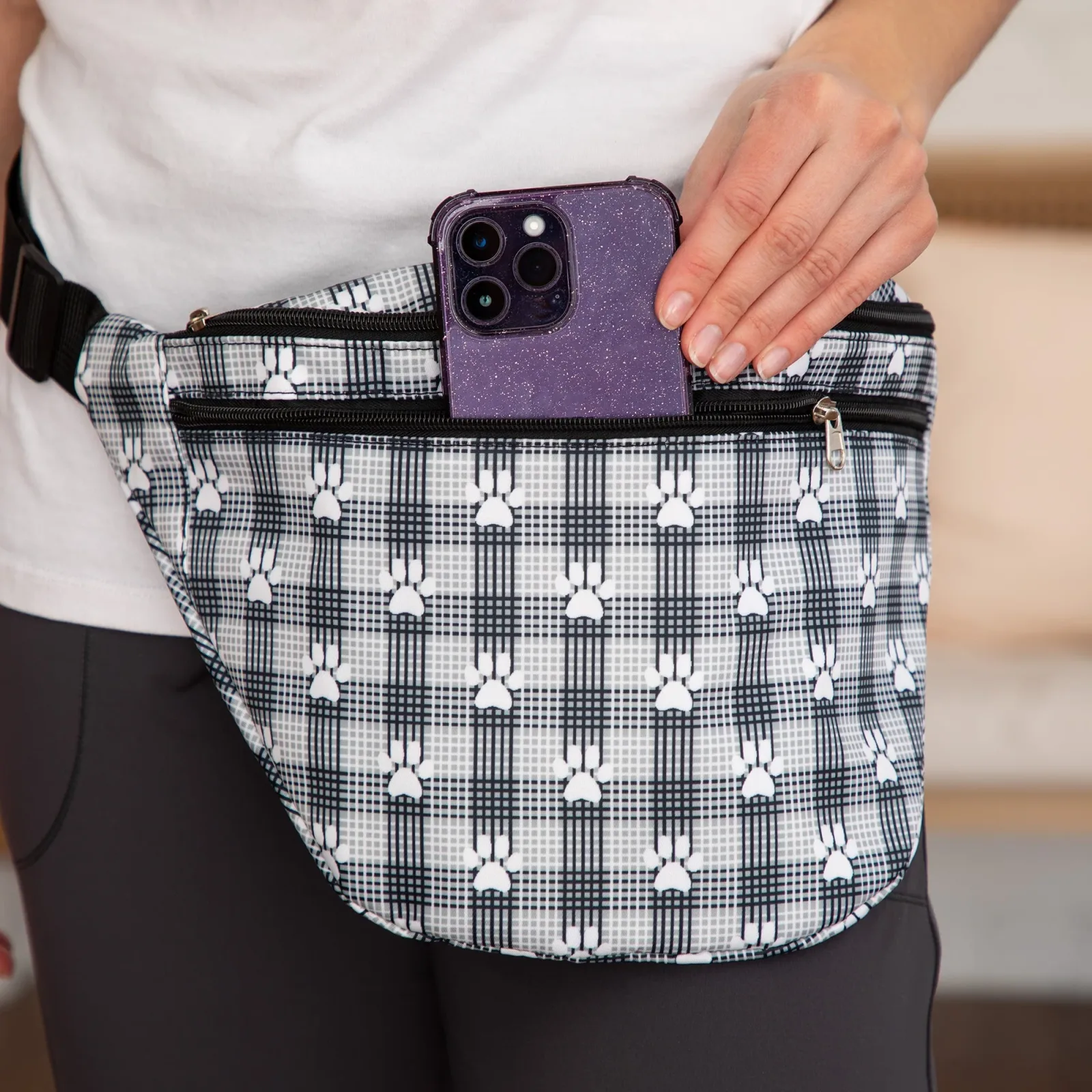 Plaid Paw Print Large Fanny Pack with 3 Zippered Pockets - Image 2