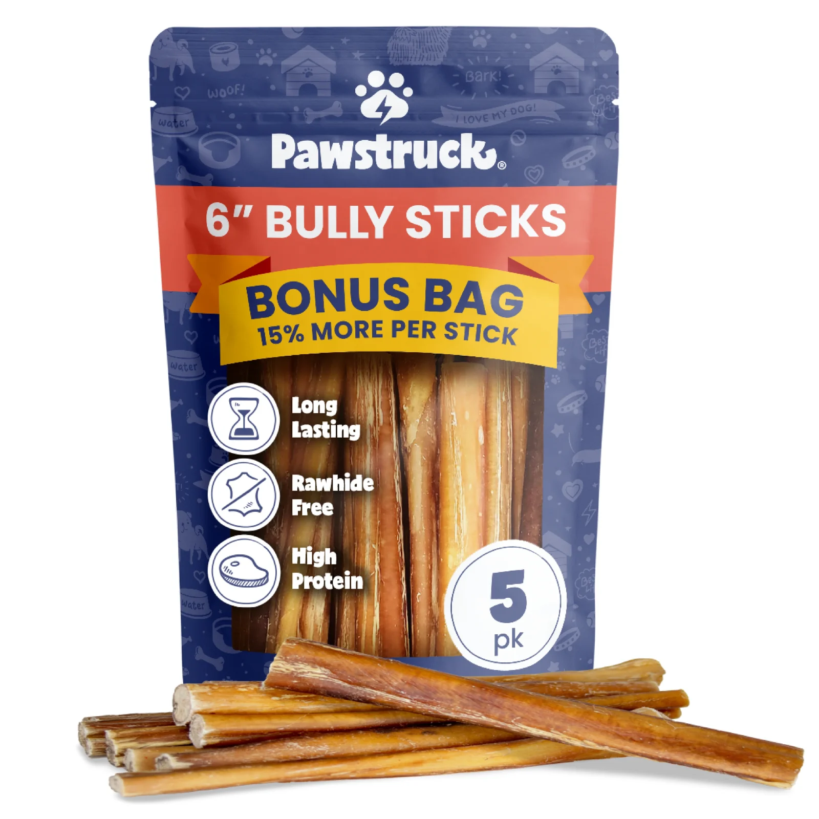Pawstruck 5 Pack Bully Sticks with Bonus Inch for Dogs