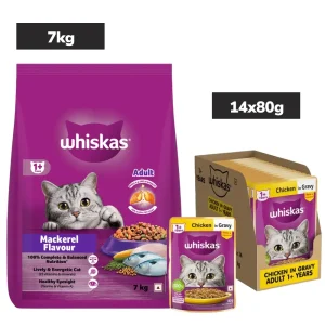 Whiskas Adult Cat Food Combo |Mackerel Dry & Chicken in Gravy Wet