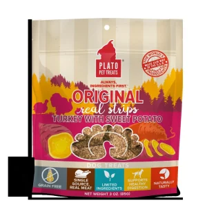 Plato Pet Treats Grain-Free Original Real Strips Turkey & Sweet Potato Soft and Chewy Dog Treats - 3 oz Bag