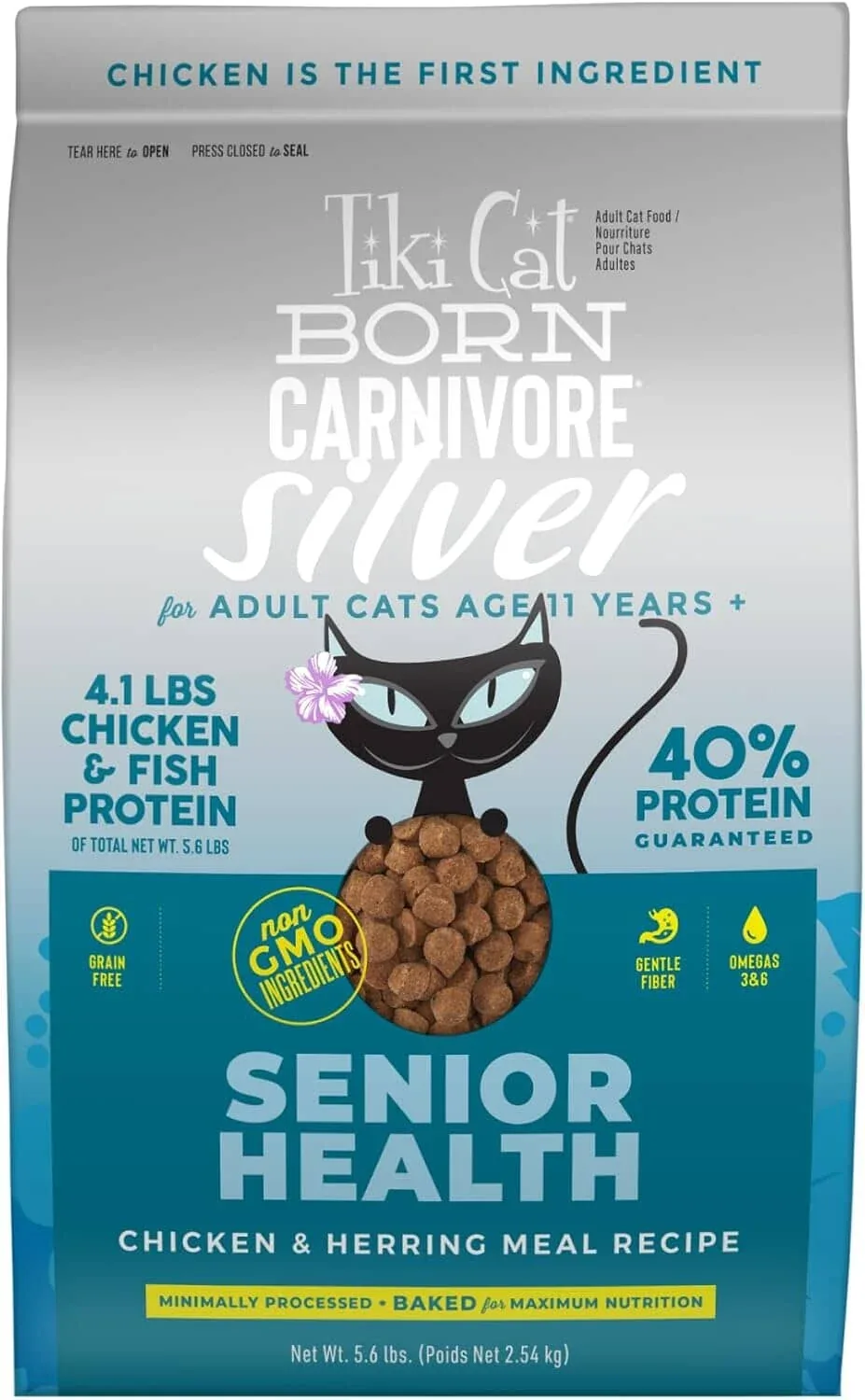 Tiki Cat Born Carnivore Silver Senior Health High-Protein Chicken and Herring Adult Senior Dry Cat Food