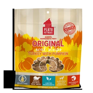 Plato Pet Treats Grain-Free Original Real Strips Turkey & Pumpkin Soft and Chewy Dog Treats - 3 oz Bag