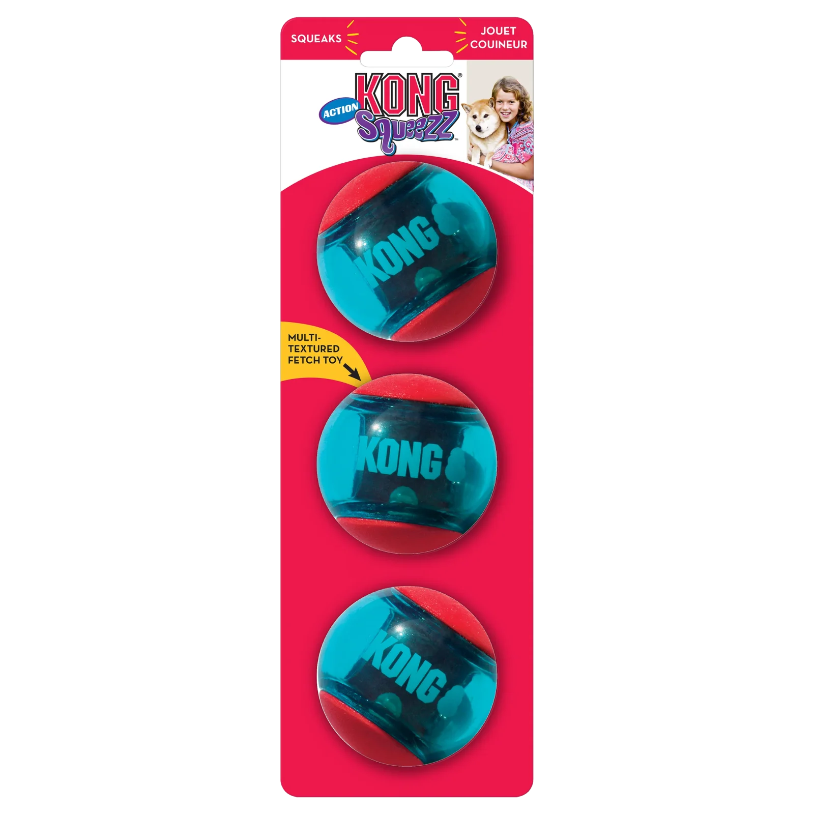 Kong Squeezz Action Ball Toy for Dogs (Red & Blue) (Pack of 3)