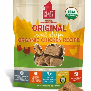 Plato Real Strips Organic Chicken Air-Dried Dog Treats - Single Ingredient, USDA Organic (6 oz & 18 oz)