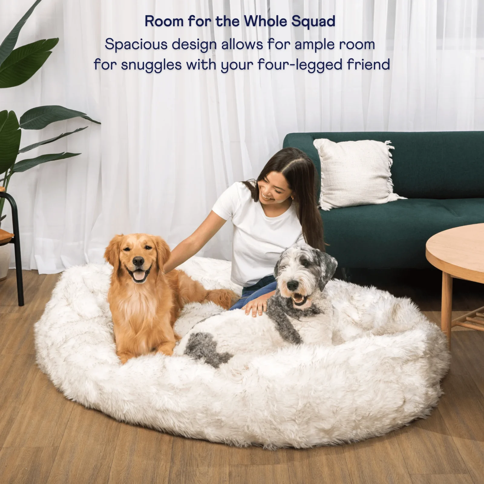 PupCloud™ Human-Size Faux Fur Memory Foam Dog Bed - White with Brown Accents - Image 2
