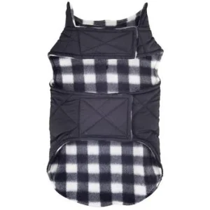 Reversible Fleece Lined Puffer Dog Coat - Black and White Plaid