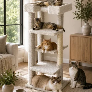 4-Level Cat Tree for Large Cats – Fully Assembled Solid Wood Tower
