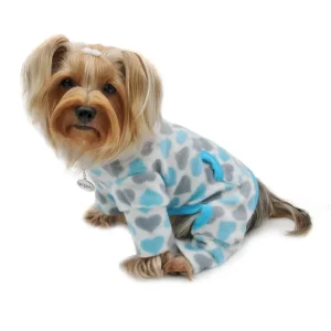 Klippo Blue & Gray Hearts Fleece Dog Turtleneck Pajamas with Pocket & D-Ring