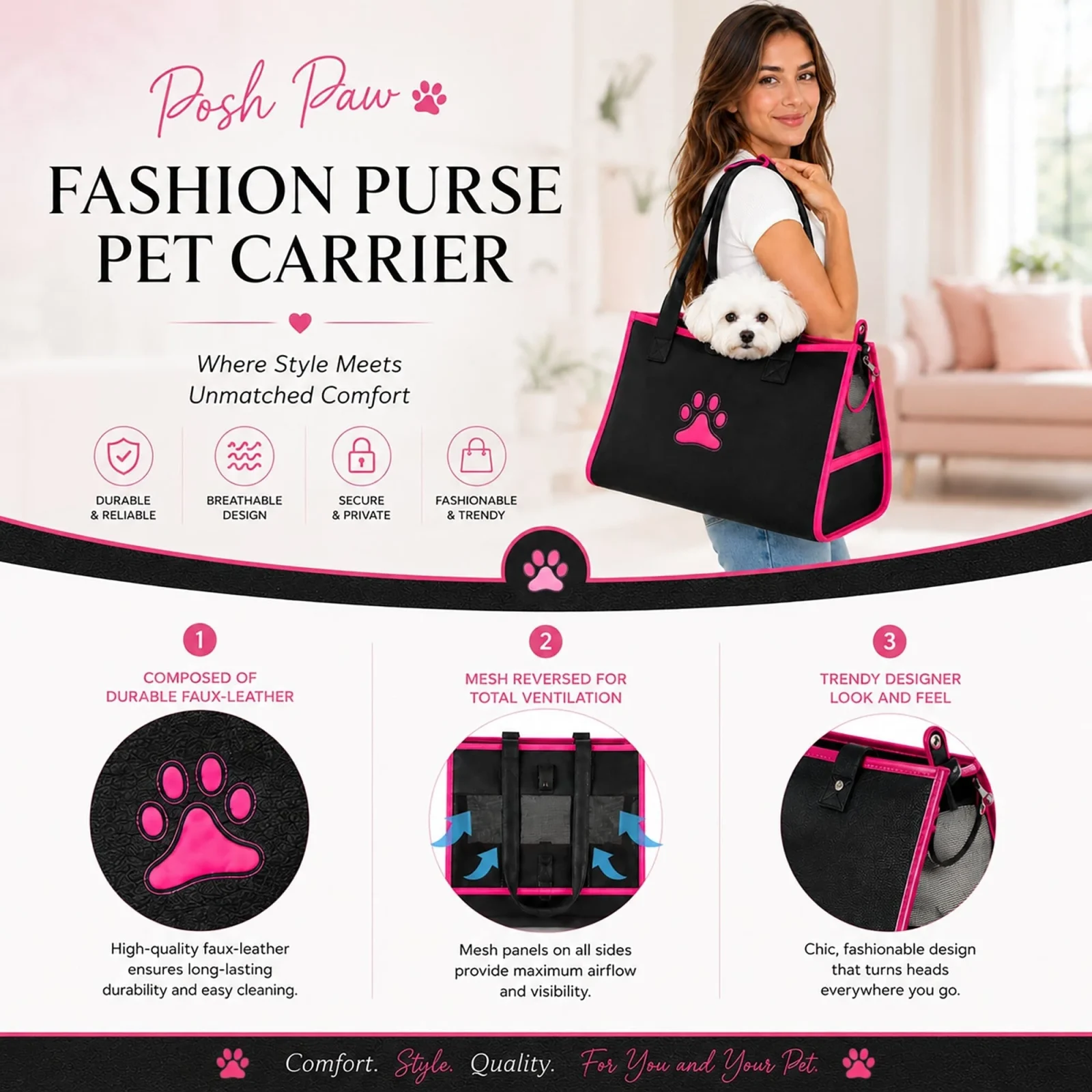 Pet Life ® 'Posh Paw' Elegant Leatherette Designer Fashion Travel Pet Dog Carrier Tote - Image 2