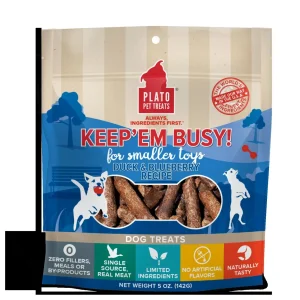 Plato Pet Treats Keep 'em Busy Duck & Blueberry Treats for Small Toys Dehydrated Dog Treats - 5oz Bag