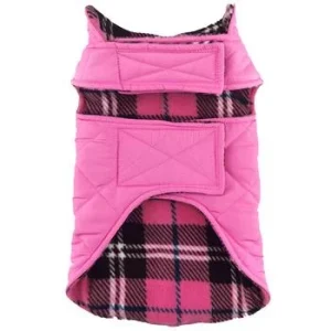 Reversible Fleece Lined Puffer Dog Coat - Pink Plaid