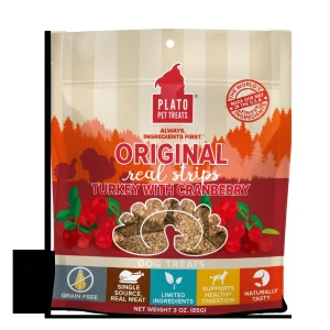 Plato Pet Treats Grain-Free Original Real Strips Turkey & Cranberry Soft and Chewy Dog Treats - 3 oz Bag