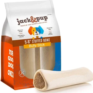 Jack & Pup 5" - 6" White Bone Filled with Bully Stick Dog Natural Chews - 2 pc Bag