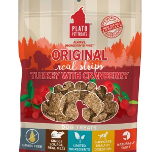 Plato Pet Treats Grain-Free Original Real Strips Turkey & Cranberry Soft and Chewy Dog Treats - 18 oz Bag