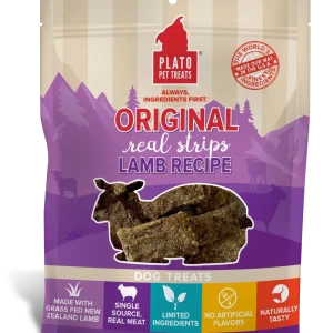 Plato Original Real Strips Lamb Air-Dried Dog Treats - Grain-Free, Limited Ingredient (6 oz & 18 oz)
