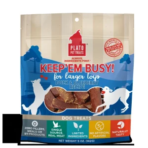 Plato Pet Treats Keep 'em Busy Duck & Blueberry Treats for Large Toys Dehydrated Dog Treats - 5oz Bag