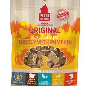 Plato Pet Treats Grain-Free Original Real Strips Turkey & Pumpkin Soft and Chewy Dog Treats - 18 oz Bag