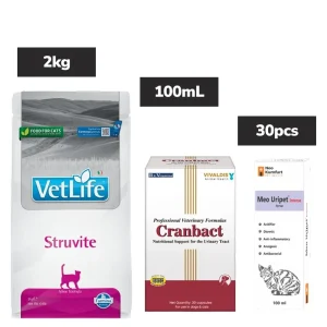 Farmina Vet Life Struvite Feline Formula with Neo Kumfurt Meo Uripet Intense Syrup and Vivaldis Cranbact Capsules for Dogs and Cats Combo