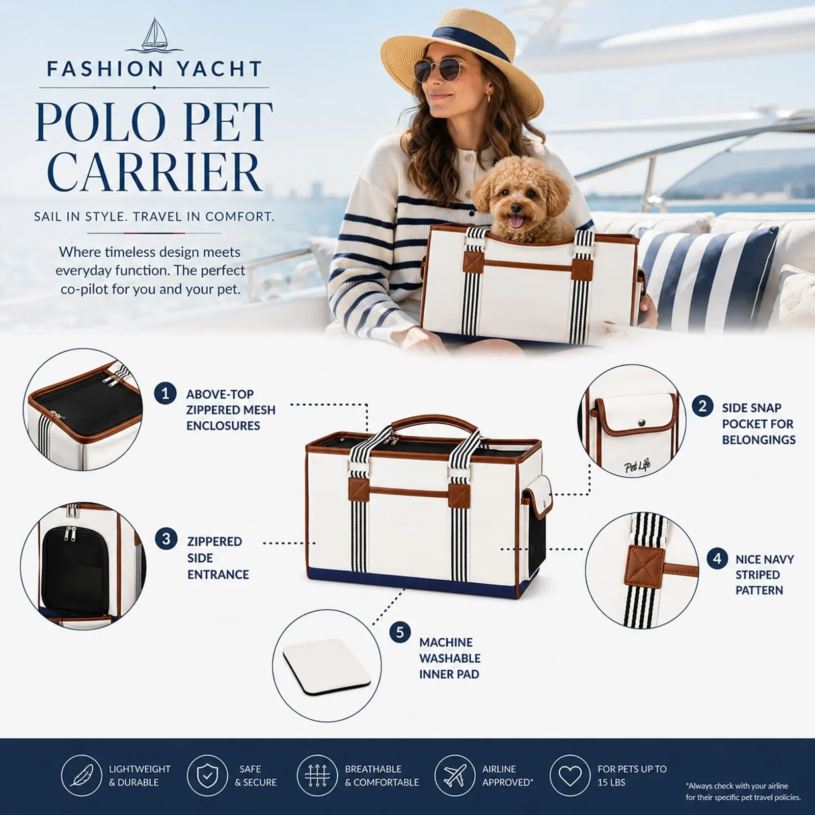 Pet Life ® 'Yacht Polo' Designer Travel Fashion Pet Dog Carrier w/ Pouch - Image 2