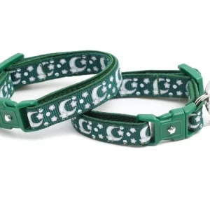Pugs2Persians Glow-in-the-Dark Cat Collar - Silver Moons & Stars on Dark Green with Breakaway Safety Buckle