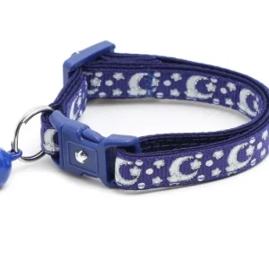 Pugs2Persians Glow-in-the-Dark Cat Collar - Silver Moons & Stars on Navy Blue with Breakaway Safety Buckle