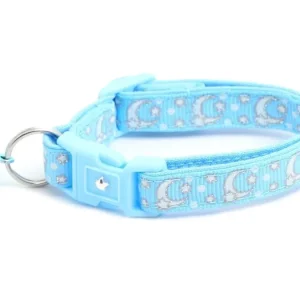 Pugs2Persians Glow-in-the-Dark Cat Collar - Silver Moons & Stars on Powder Blue Breakaway Safety Collar