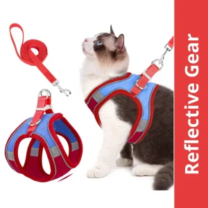 QPets Reflective Mesh Vest Harness with Leash for Cats (Blue/Red)